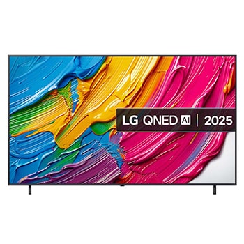 Front view of LG QNED80 TV, LG QNED Al Logo on the top corner. LG QNED TV depicts colorful paintike textures coming together.
