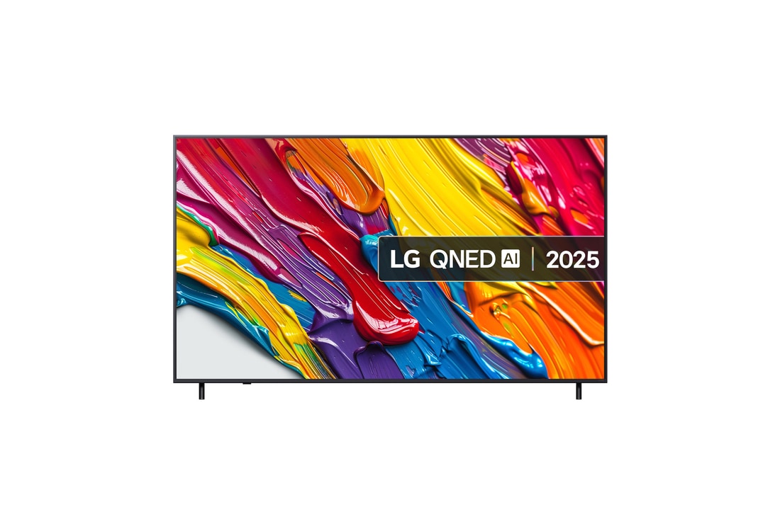 Front view of LG QNED84 TV, LG QNED Al Logo on the top corner. LG QNED TV depicts colorful paintike textures coming together.