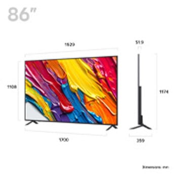 Front view and side view of LG QNED84 AI 4K Smart TV showing its length, width, height, and depth dimensions.