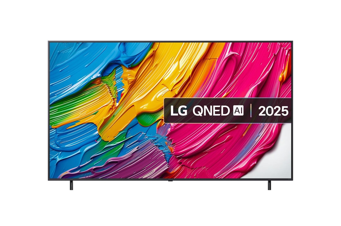 Front view of LG QNED80 TV, LG QNED Al Logo on the top corner. LG QNED TV depicts colorful paintike textures coming together.