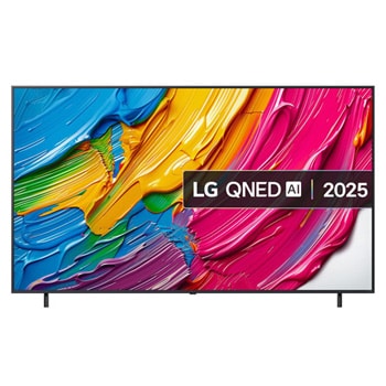 Front view of LG QNED80 TV, LG QNED Al Logo on the top corner. LG QNED TV depicts colorful paintike textures coming together.