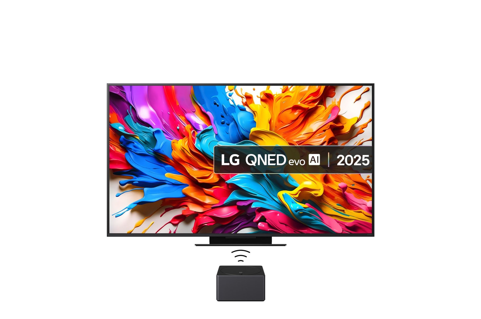 Front view of LG QNED evo AI QNED9M TV. LG QNED evo AI Logo on the. op corner. LG QNED evo TV depicts colorful paintike textures coming together. Zero Connect Box in the corner with the title, Zero Connect Box with 4K 144Hz wireless video & audio transfer.