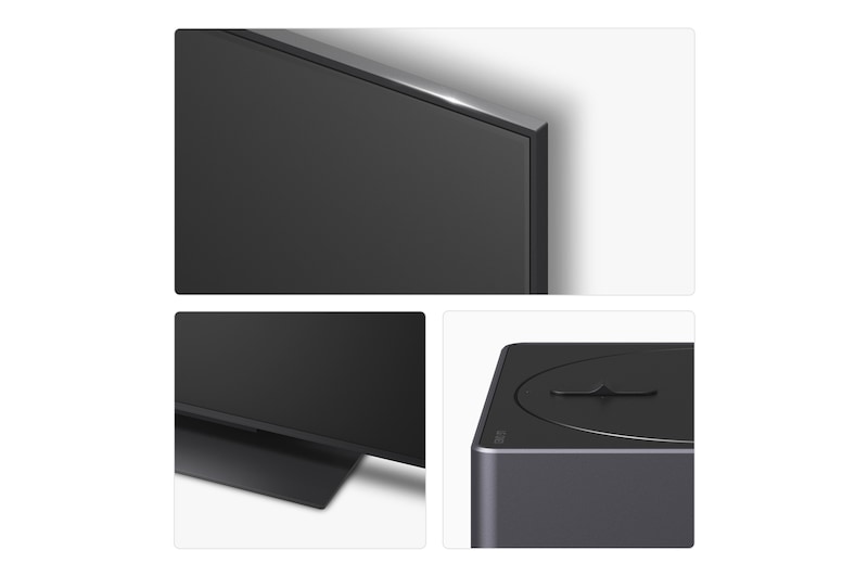 Front view and side view of LG QNED evo AI QNED9M 4K Smart TV showing its length, width, height, and depth dimensions.