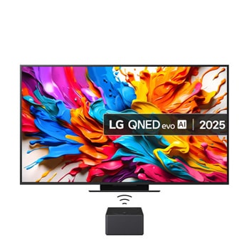 Front view of LG QNED evo AI QNED9M TV. LG QNED evo AI Logo on the. op corner. LG QNED evo TV depicts colorful paintike textures coming together. Zero Connect Box in the corner with the title, Zero Connect Box with 4K 144Hz wireless video & audio transfer.