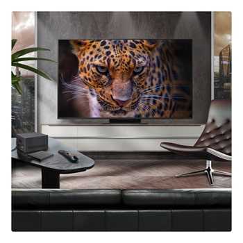 A family sits on a couch facing a LG QNED TV mounted on a wall above a LG Soundbar with a little girl pointing to a screen depicting two dolphins. The title talks about how every action is more thrilling on a massive screen.