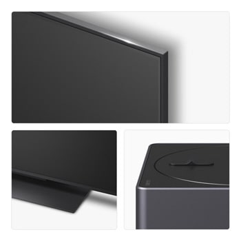 Front view and side view of LG QNED evo AI QNED9M 4K Smart TV showing its length, width, height, and depth dimensions.