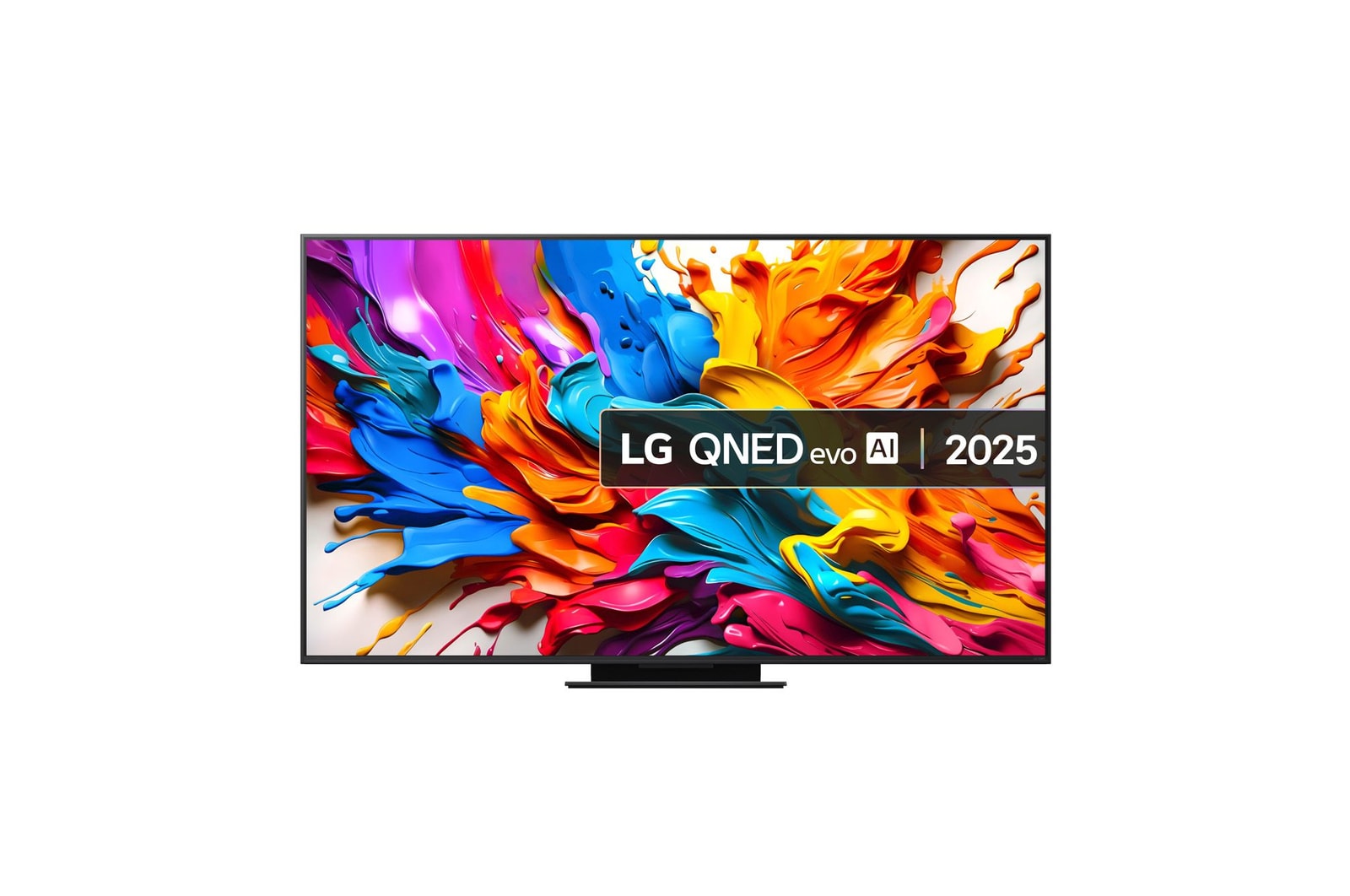 Front view of LG QNED evo AI QNED9M TV. LG QNED evo AI Logo on the. op corner. LG QNED evo TV depicts colorful paintike textures coming together. Zero Connect Box in the corner with the title, Zero Connect Box with 4K 144Hz wireless video & audio transfer.