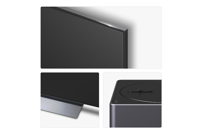 Front view and side view of LG QNED evo AI QNED9M 4K Smart TV showing its length, width, height, and depth dimensions.