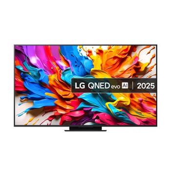 Front view of LG QNED evo AI QNED9M TV. LG QNED evo AI Logo on the. op corner. LG QNED evo TV depicts colorful paintike textures coming together. Zero Connect Box in the corner with the title, Zero Connect Box with 4K 144Hz wireless video & audio transfer.