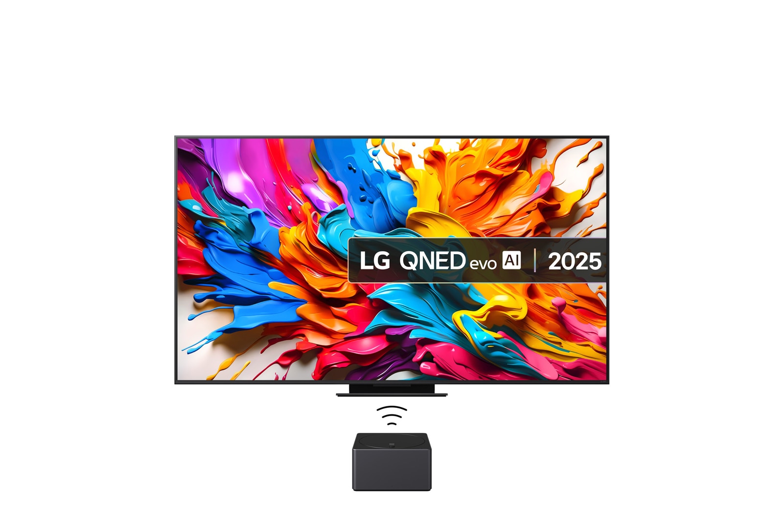 Front view of LG QNED evo AI QNED9M TV. LG QNED evo AI Logo on the. op corner. LG QNED evo TV depicts colorful paintike textures coming together. Zero Connect Box in the corner with the title, Zero Connect Box with 4K 144Hz wireless video & audio transfer.