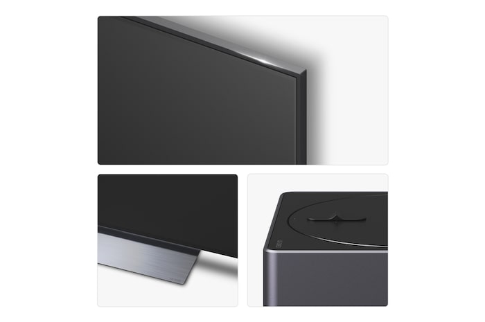 Front view and side view of LG QNED evo AI QNED9M 4K Smart TV showing its length, width, height, and depth dimensions.