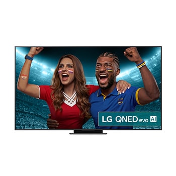 Front view of LG QNED evo AI QNED9M TV. LG QNED evo AI Logo on the. op corner. LG QNED evo TV depicts colorful paintike textures coming together. Zero Connect Box in the corner with the title, Zero Connect Box with 4K 144Hz wireless video & audio transfer.