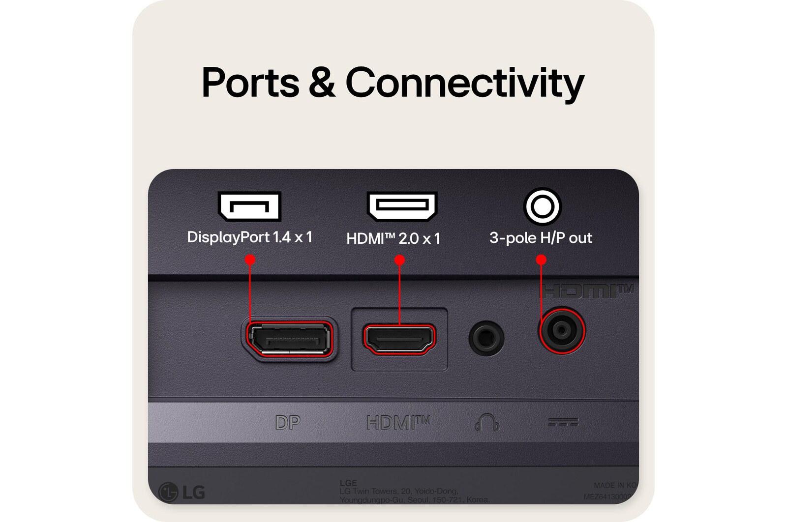 Rear view of a gaming monitor showing its connectivity ports, including one HDMI™ 2.0 input, one DisplayPort 1.4 port.