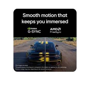 Racing scene from Assetto Corsa Competizione displayed on a gaming monitor, featuring Adaptive Sync support with NVIDIA G-SYNC and AMD FreeSync for smooth, tear-free gameplay.