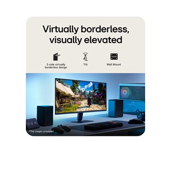 This image shows an UltraGear™ gaming monitor in a desk setup displaying a game scene, with icons indicating 3-side borderless design, height adjustment, tilt support, and wall mount compatibility.