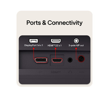 Rear view of a gaming monitor showing its connectivity ports, including one HDMI™ 2.0 input, one DisplayPort 1.4 port, and 3-pole H/P out.