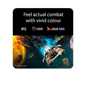 Futuristic battle scene displayed on a gaming monitor, showcasing vivid colors with 99% sRGB color gamut, IPS, and HDR certification.