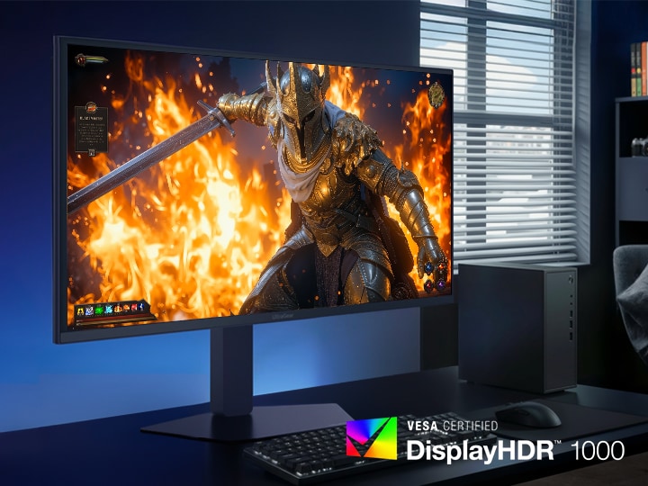 UltraGear gaming monitor (27GM950B) displaying ultra-high 1250nits peak brightness and clarity with Hyper Mini LED