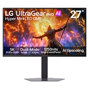 Front view of 27" LG UltraGear evo GM9 Gaming Monitor, 5K Hyper Mini LED, Dual Mode 160-330Hz refresh, Black 27GM950B-B