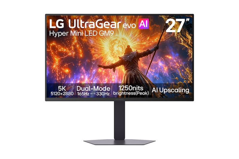 Front view of 27" LG UltraGear evo GM9 Gaming Monitor, 5K Hyper Mini LED, Dual Mode 160-330Hz refresh, Black 27GM950B-B