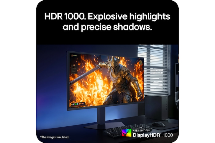 Angled view of the monitor displaying HDR gaming visuals with bright highlights and deep shadows