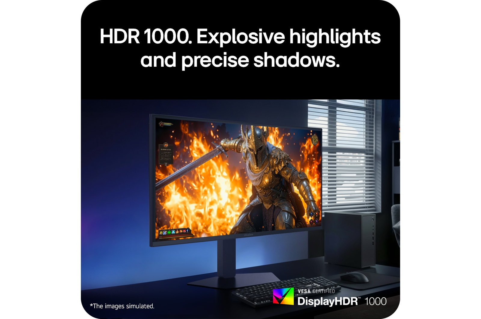 Angled view of the monitor displaying HDR gaming visuals with bright highlights and deep shadows