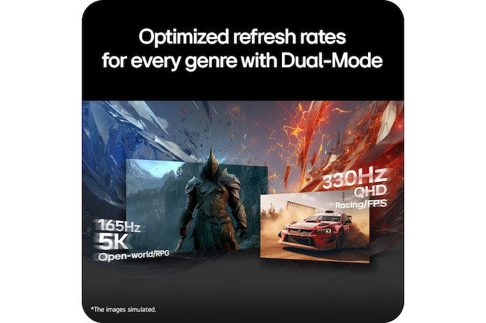 Multi-scene visual showcasing dual-mode refresh rates optimized for different gaming genres