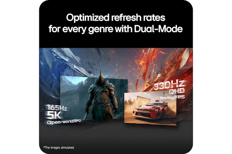 Multi-scene visual showcasing dual-mode refresh rates optimized for different gaming genres