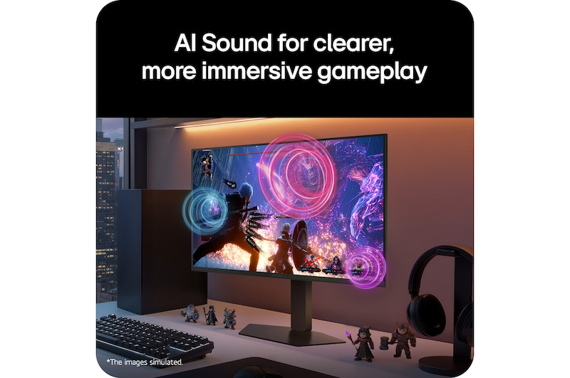 Angled view of the monitor showcasing AI-enhanced sound with clearer and more immersive gameplay audio