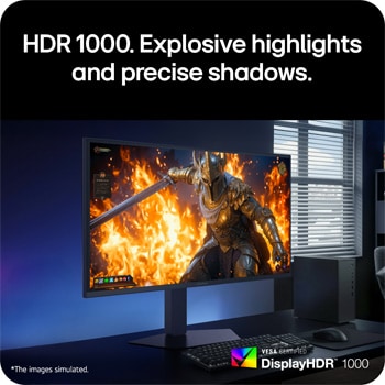Angled view of the monitor displaying HDR gaming visuals with bright highlights and deep shadows