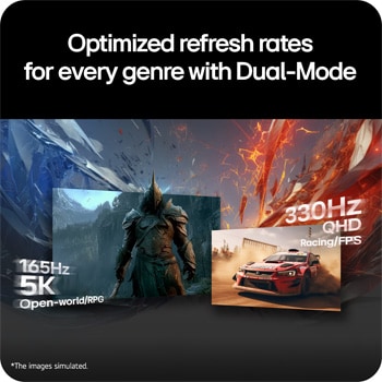 Multi-scene visual showcasing dual-mode refresh rates optimized for different gaming genres