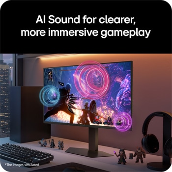 Angled view of the monitor showcasing AI-enhanced sound with clearer and more immersive gameplay audio