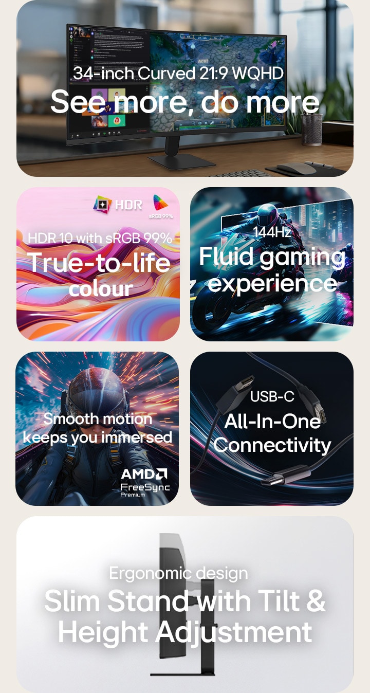 LG UltraWide Curved Monitor feature overview showing a 34-inch WQHD curved display, HDR10 with sRGB 99% color accuracy, all-in-one USB-C connectivity, smooth 144Hz refresh rate, AMD FreeSync Premium support, and a slim stand with tilt and height adjustment for immersive gaming and efficient multitasking.