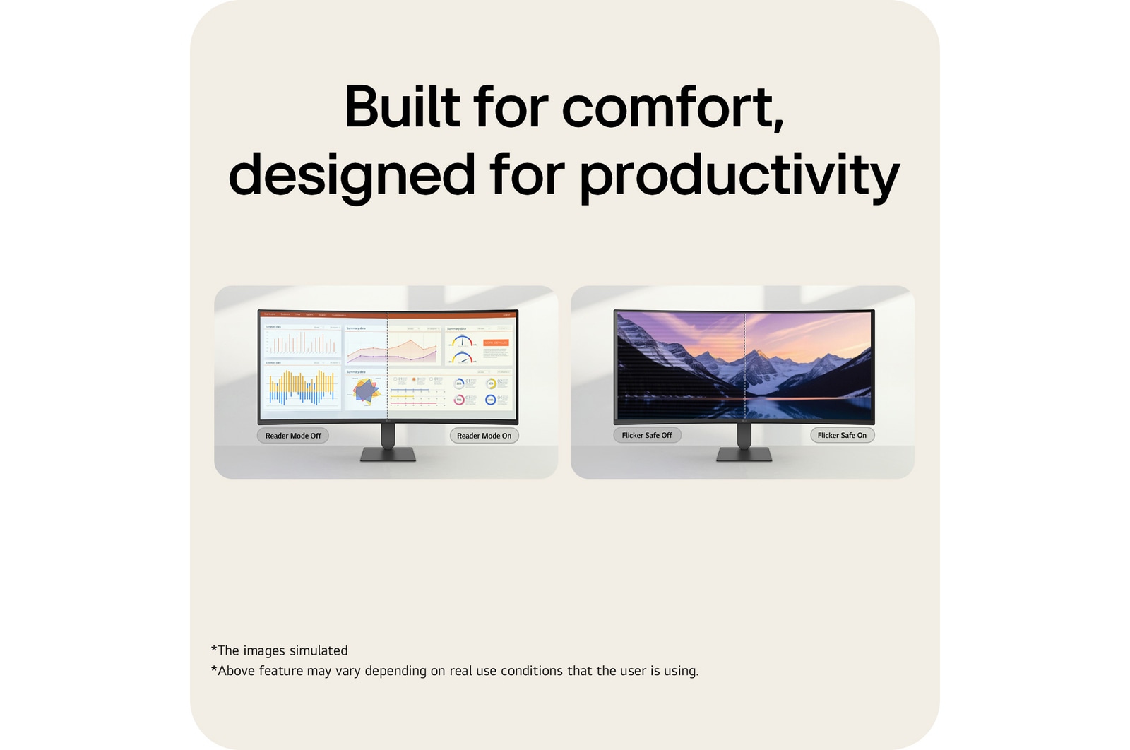 LG UltraWide Curved monitor demonstrating Reader Mode and Flicker Safe features for reduced eye strain.