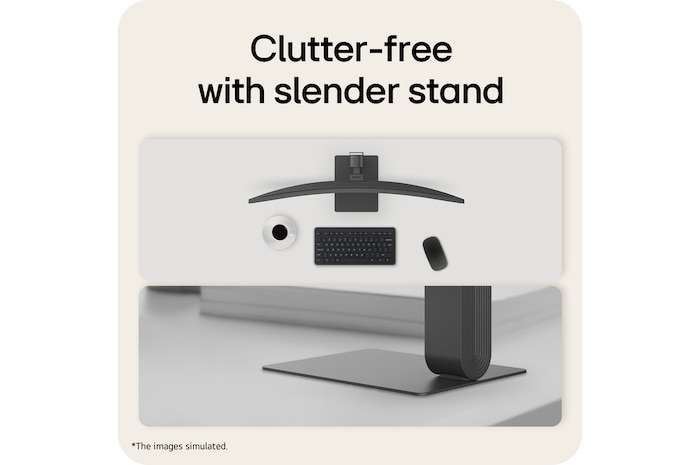 LG UltraWide Curved monitor with slim stand design minimizing desk space and supporting clean workspace setup.