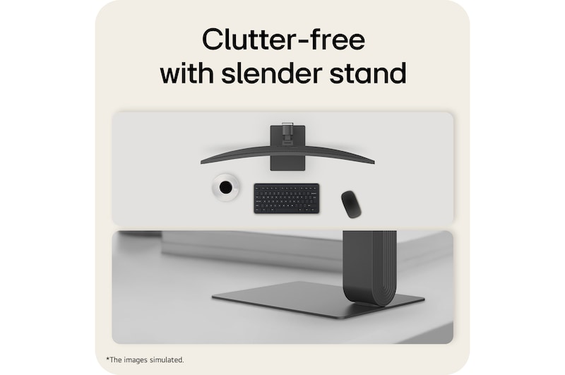 LG UltraWide Curved monitor with slim stand design minimizing desk space and supporting clean workspace setup.