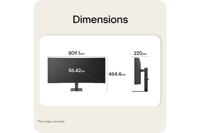 LG UltraWide Curved monitor front and side view with product dimensions displayed in millimeters.