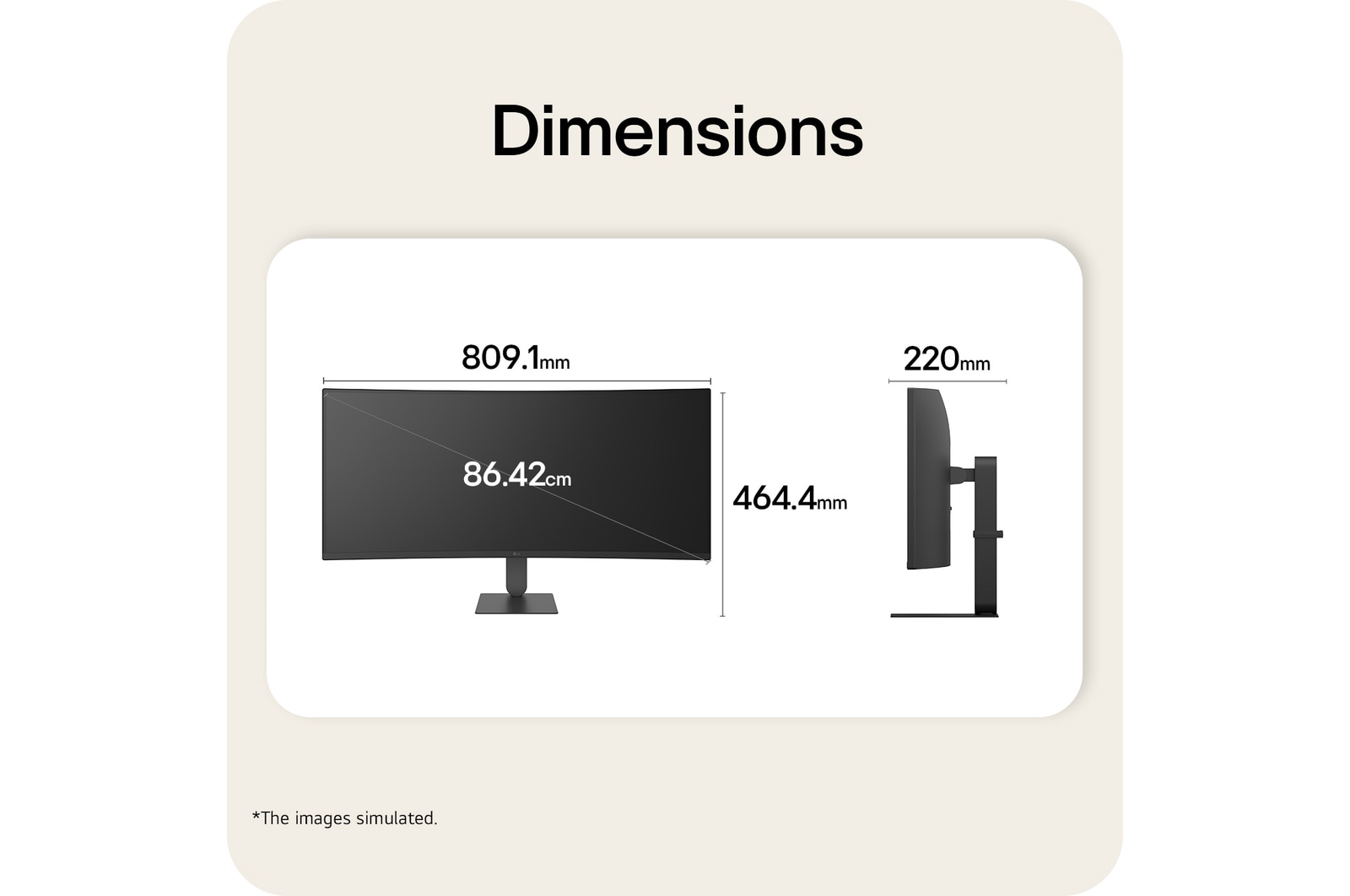 LG UltraWide Curved monitor front and side view with product dimensions displayed in millimeters.