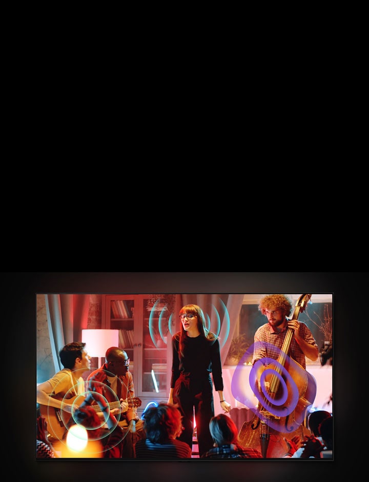 A video of a person playing violin with a yellow bubble and wave depicting sound. The scene changes to a singer and band playing an intimate gig in a lounge. Blue sound waves surround the singer, turquoise soundwaves emit from the guitar, and purple soundwaves come from the cello. 