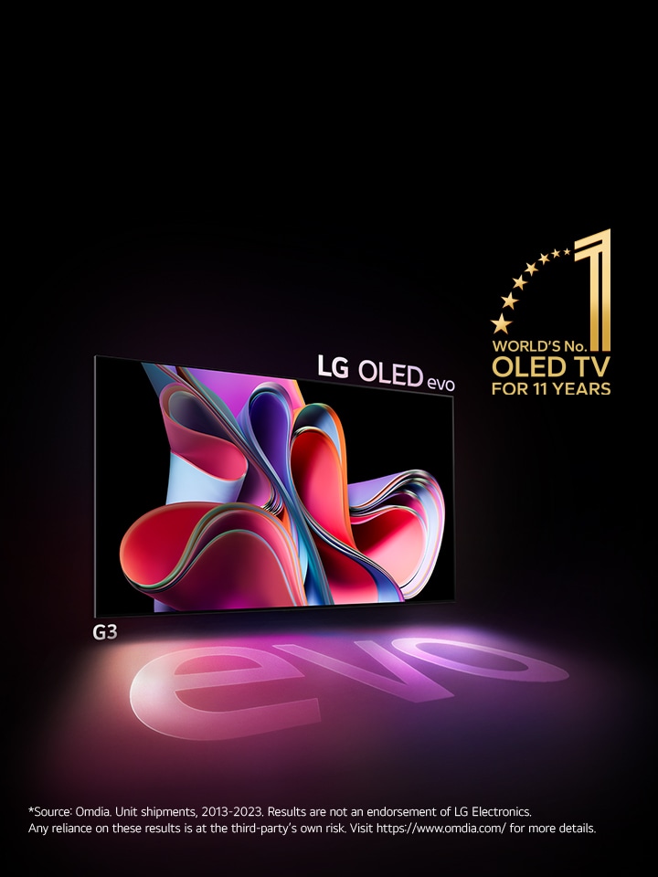 An image of LG OLED G3 against a black backdrop showing a bright pink and purple abstract artwork. The display casts a colorful shadow that features the word "evo." The "11 Years World's No.1 OLED TV" emblem is in the top left corner of the image. *Source: Omdia. Unit shipments, 2013-2022. Results are not an endorsement of LG Electronics. Any reliance on these results is at the third-party’s own risk. Visit https://www.omdia.com/ for more details.