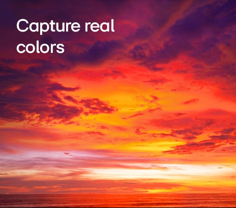 The screen displays a vibrant image showcasing HDR10 with 99% sRGB coverage.