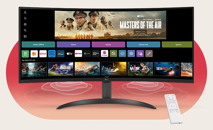 On the smart monitor screen, the webOS interface is displayed. Speaker waves emanate from the bottom corners of the monitor, and on the right side of the screen, there is a remote control.