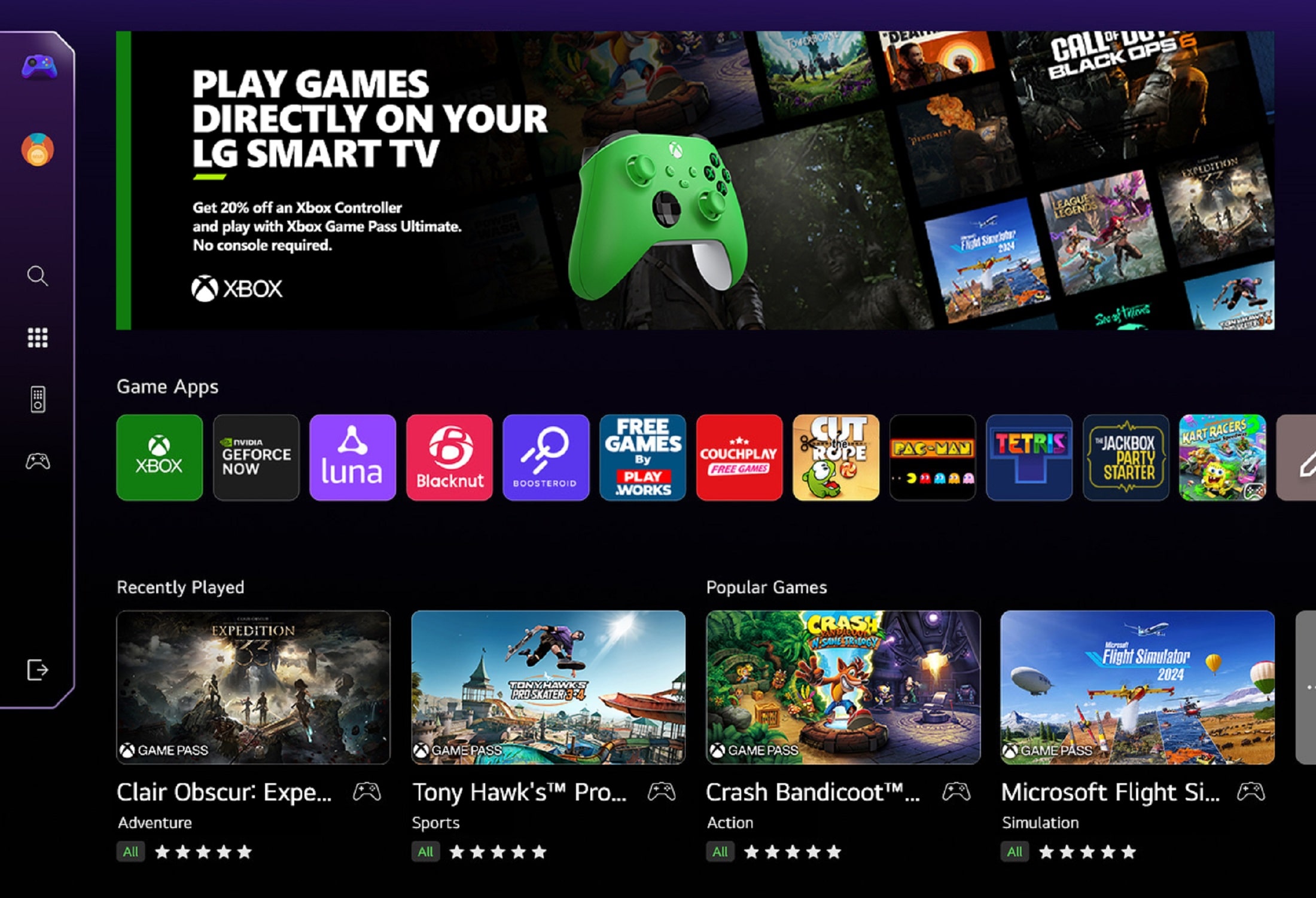 lg gaming portal menu on an lg tv