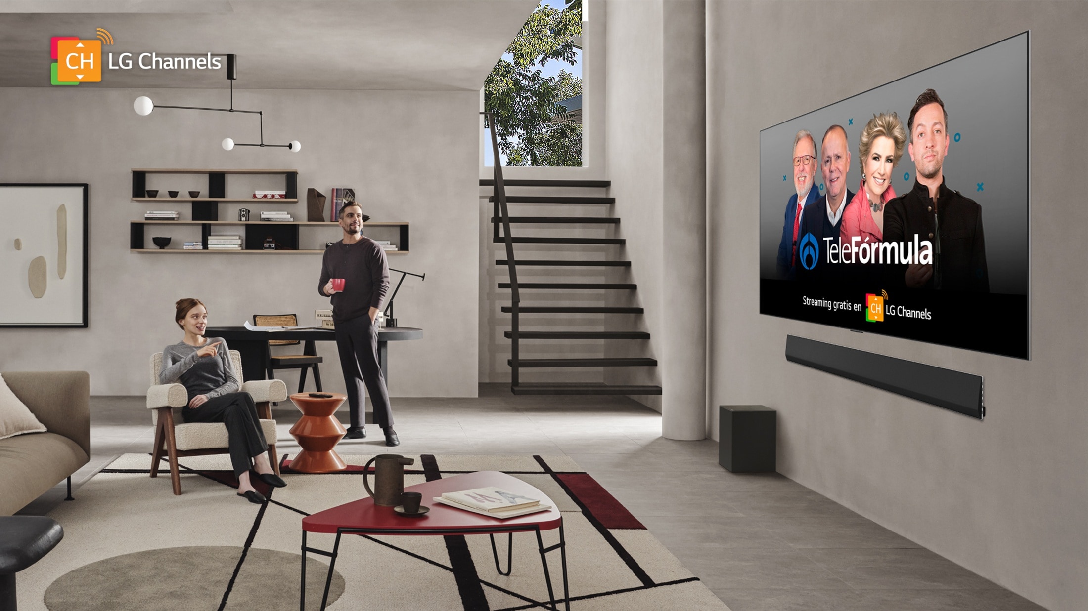 a modern house with a large lg tv on the wall depicting lg channels and a couple watching it intently 