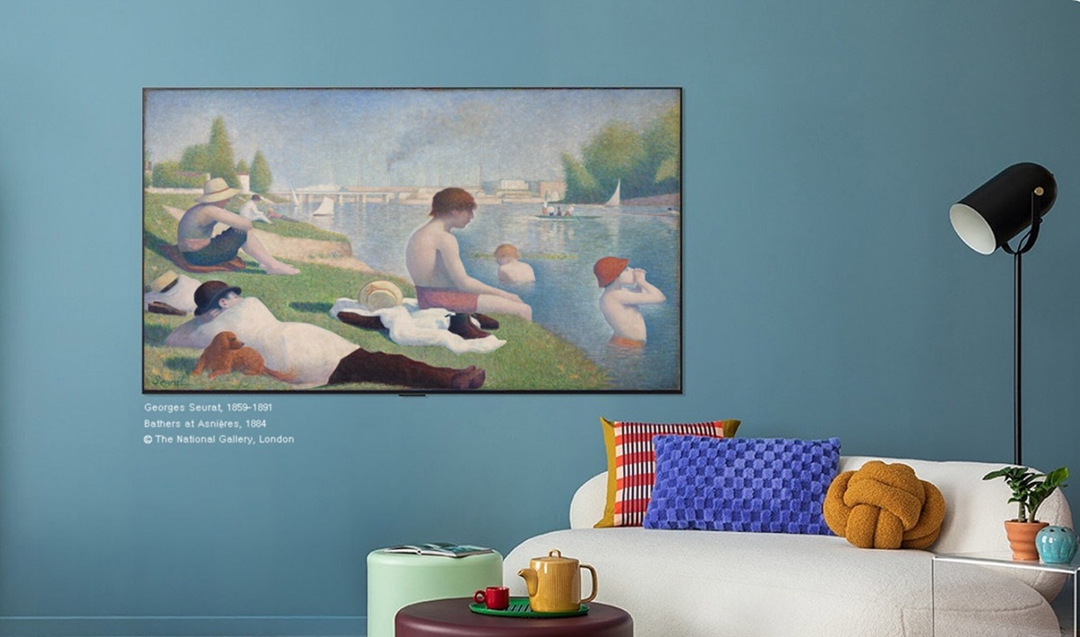 lg tv on a blue wall with a minimalist home setting to celebrate the partnership with national gallery in london