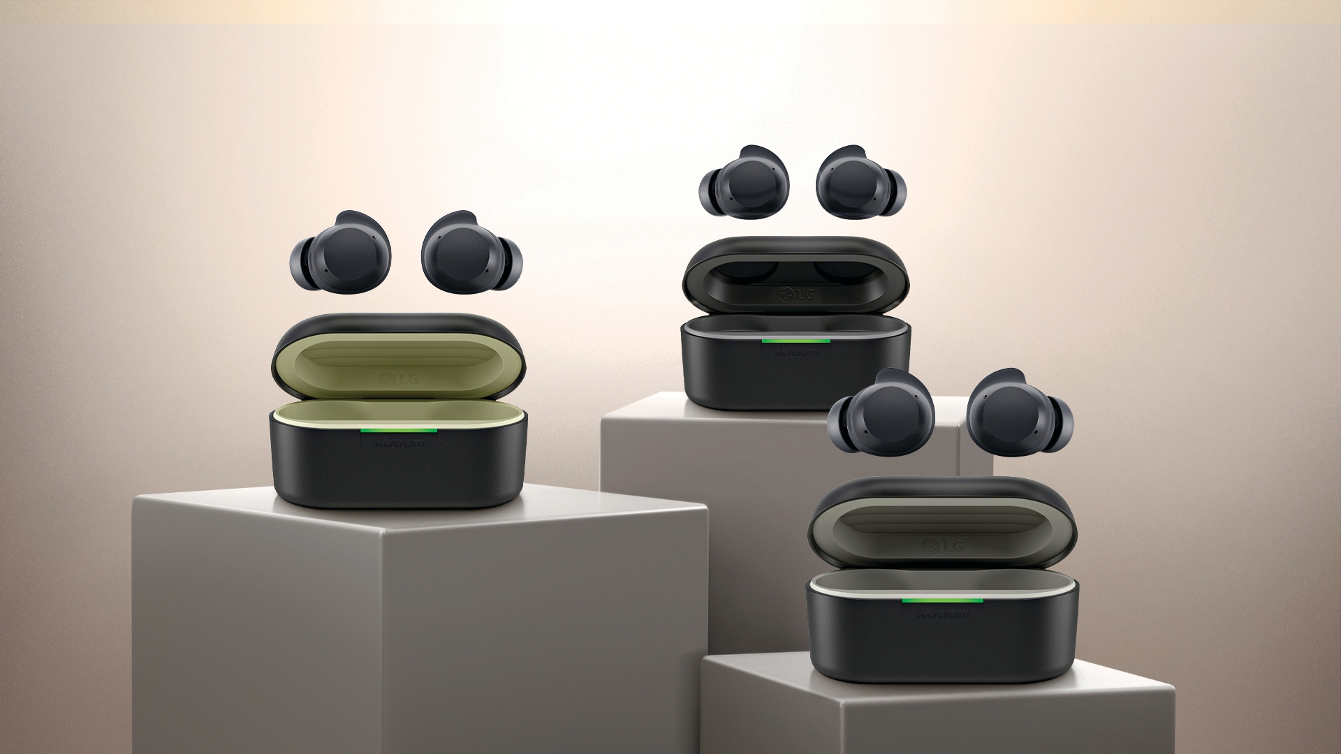 lg earbuds lineup of products standing on 3 plinths with backlit background