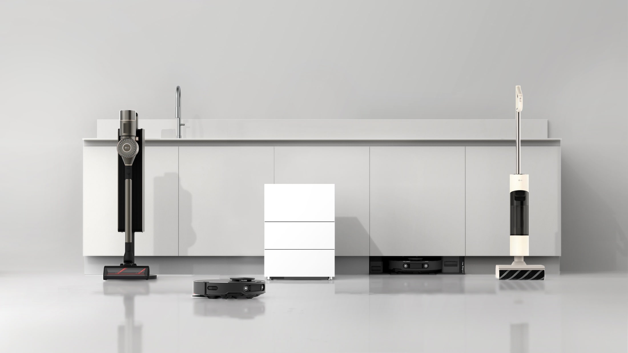 lg cleaning appliances lin front of a sleek, modern cupboard in grey shades
