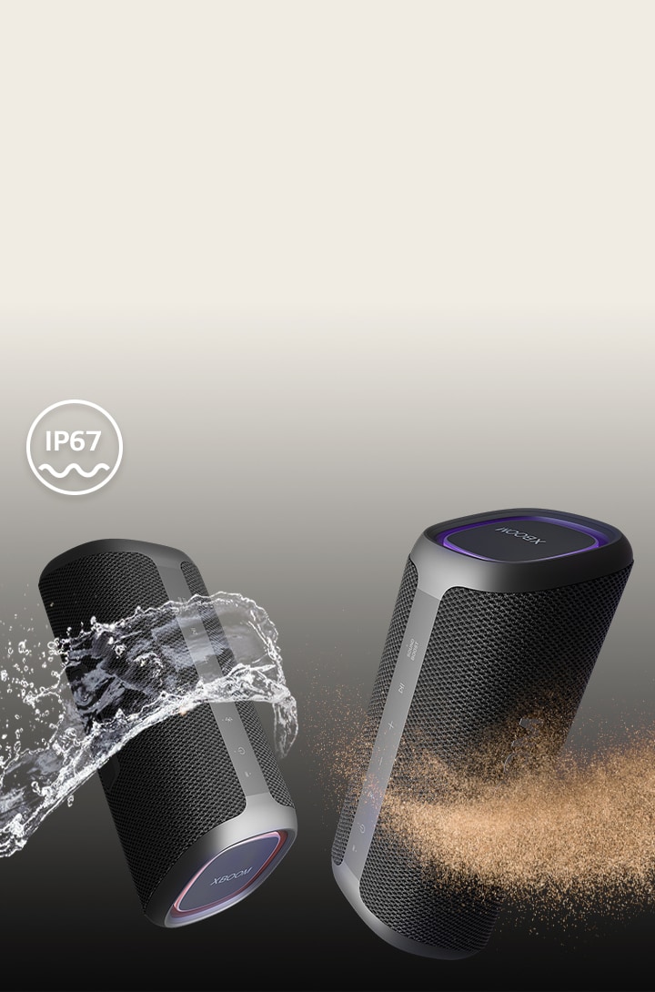 Two LG XBOOM Go XG7 are placed in infinite space. One shows that it's waterproof and the other is dust-proof.
