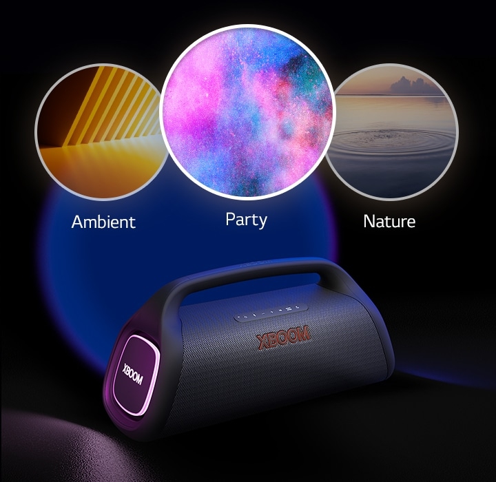 LG XBOOM Go XG9 with purple lighting is placed on the floor. On top of the speaker it shows three modes; rhythm, party, fireworks, space.