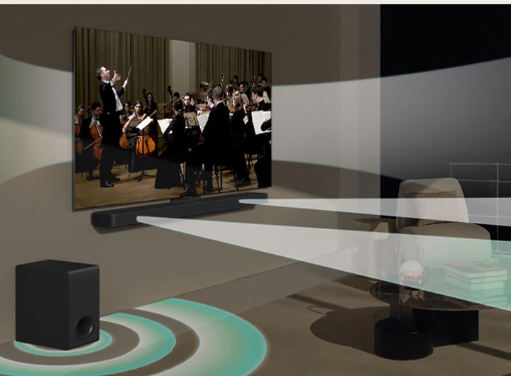 Concert scene is being played on LG TV on the wall. Virtual sound effect is coming out from LG TV, LG Soundbar S40TR and its sub woofer simultaneously, showing how WOW Orchestra is created.